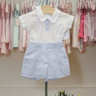 White collared baby shirt with blue seersucker button-on shorts on a display stand