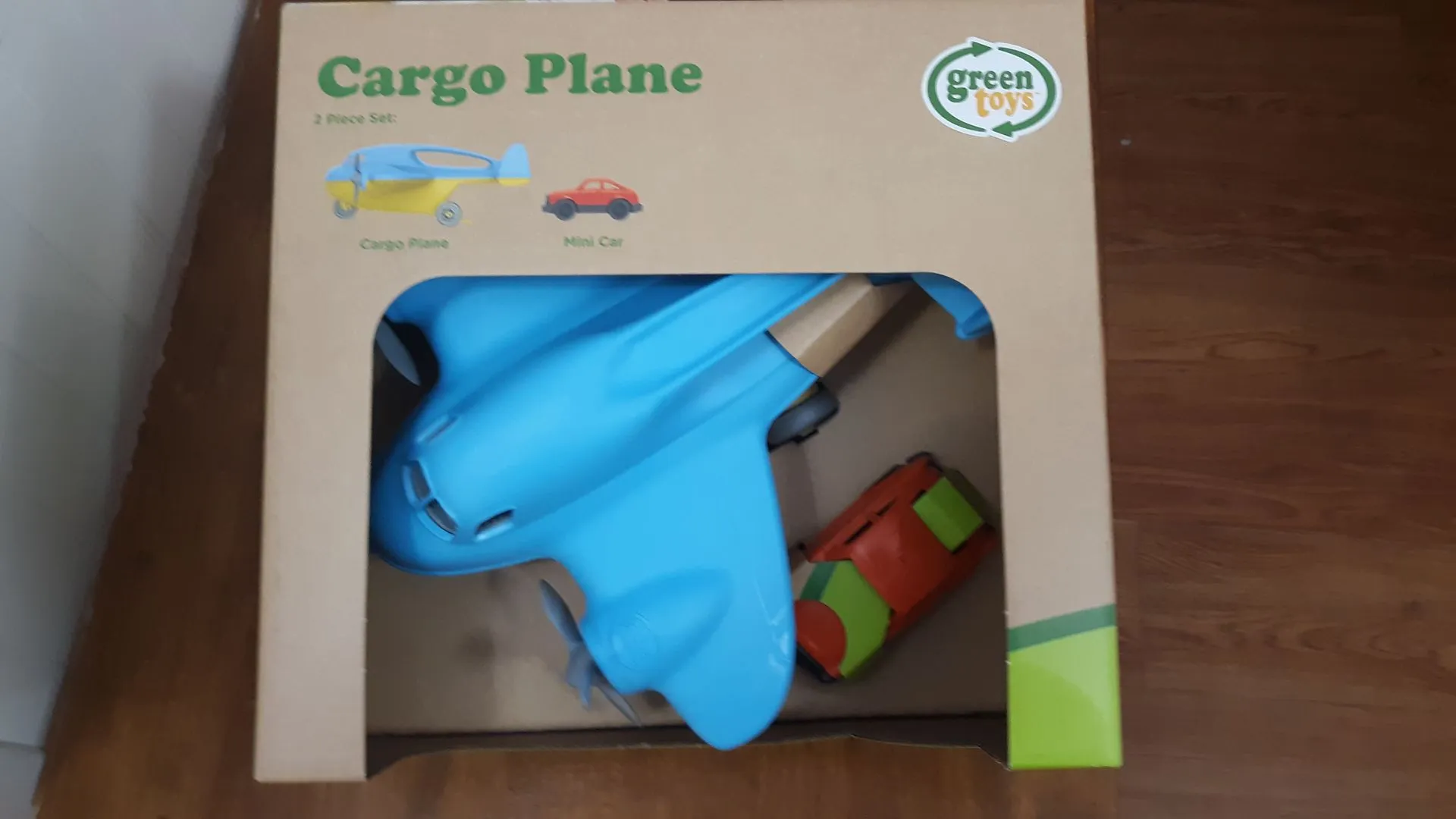 Green Toys Cargo Plane set in its recycled cardboard box
